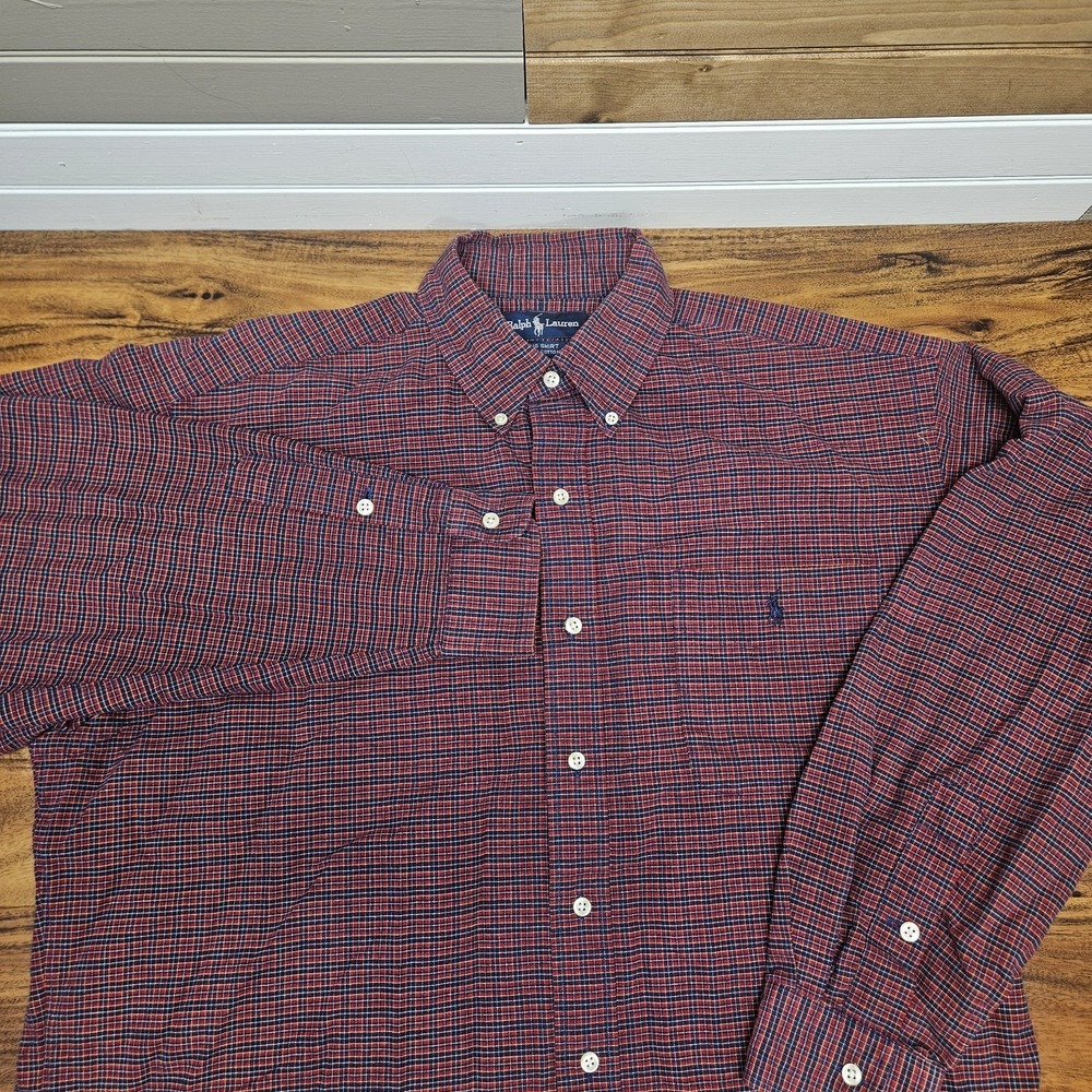 Vtg Polo Ralph Lauren Oxford Button BIG SHIRT Men L Red‎ Blue Plaid Flannel